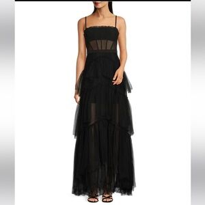 Betsy & Adam Illusion Tiered Ruffled Tulle Square Neck Mesh Sleeveless Gown